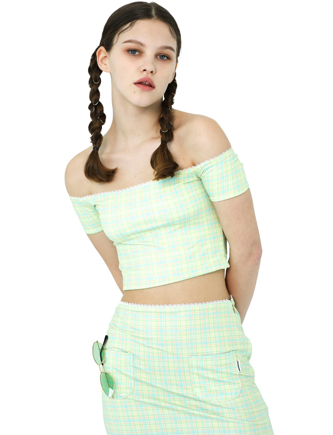 Check Off-Shoulder Top [Pink/Yellow Green]